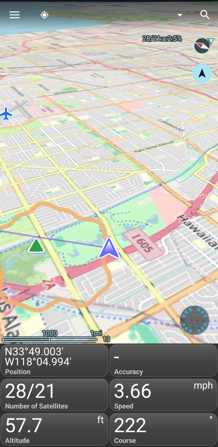The new map, tilted, in Auto pan course up